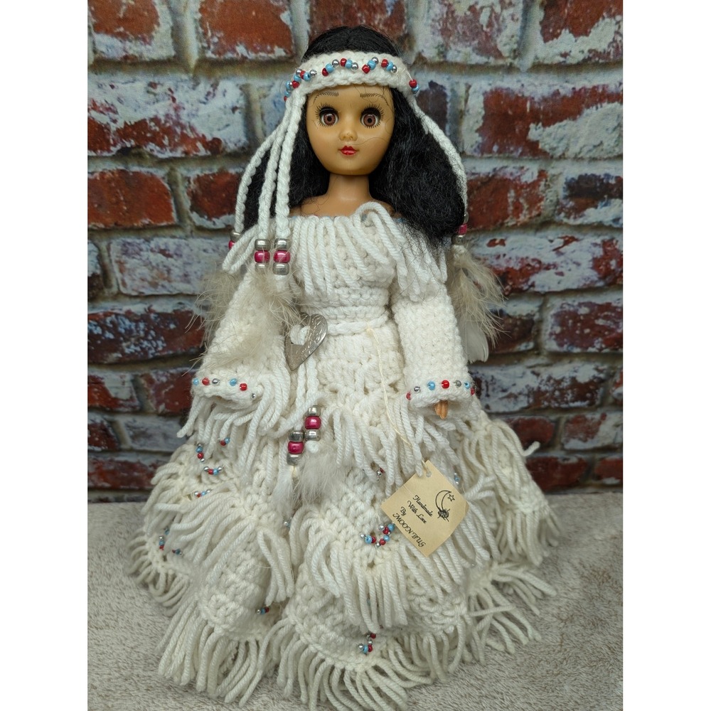 Vtg Moon Bug Handmade Crochet Doll Native American Inspired Beaded Dress White